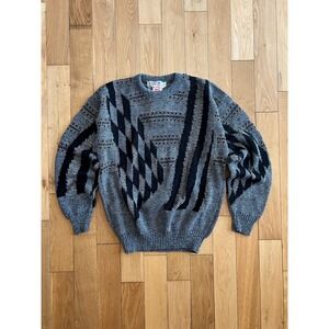 NEW Vintage 80s Eagles Ridge Geometric Grandpa Black Gray Acrylic Sweater Size L